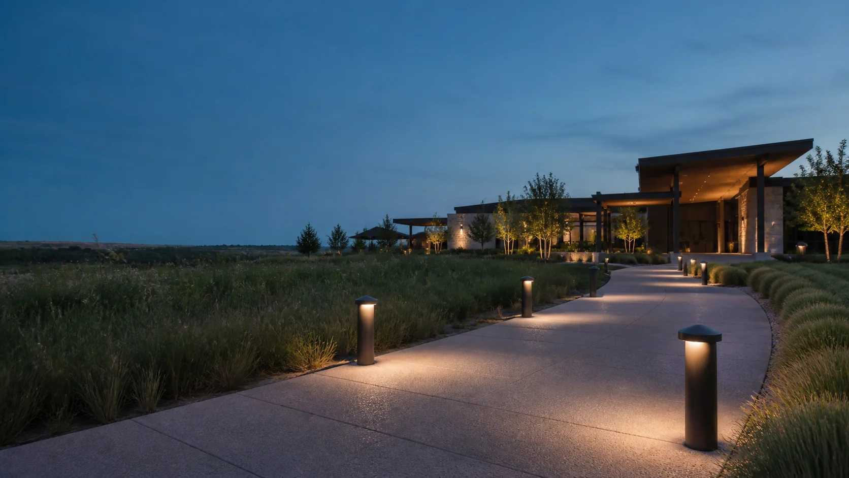 Solar bollard lighting application reference on a hospitality pathway